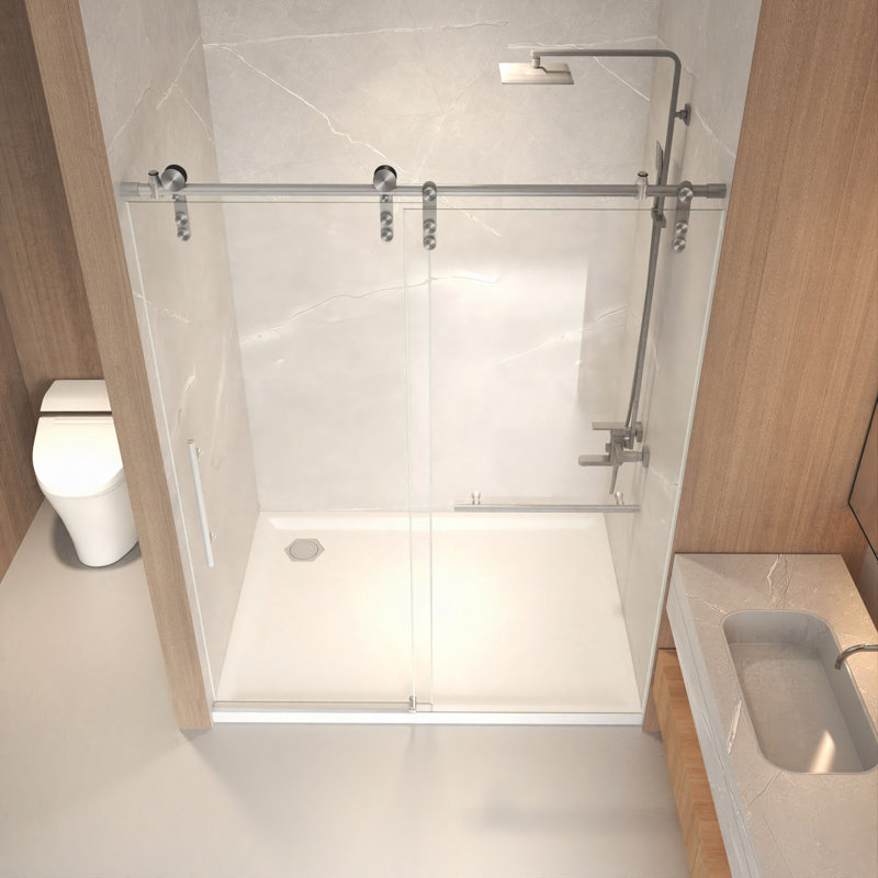 56-60" X 76" H Frameless Sliding Shower Door, 5/16" (8Mm) Clear Tempered Glass, Stainless Steel Frame, Brushed Nickel