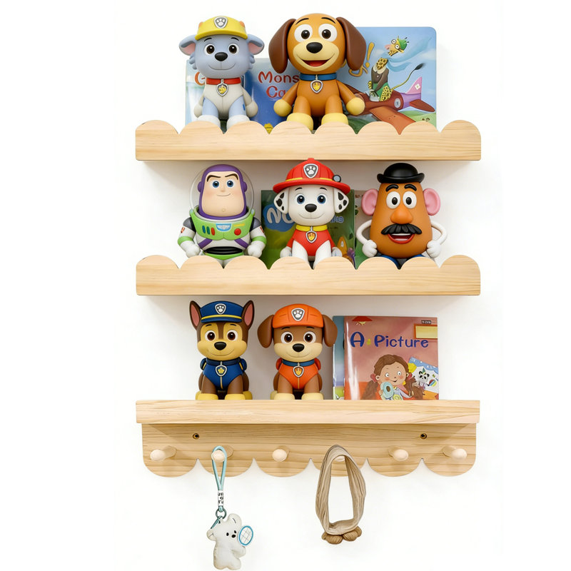 Tablette festonnée 2026 avec crochets | Tablettes flottantes en pin naturel |  Pour les livres, jouets et décorations pour enfants