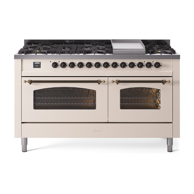 ILVE Nostalgie II Series 60 inch Dual Fuel Range with 9 Sealed Burners, Griddle (Glass Door), Antique White/Bronze