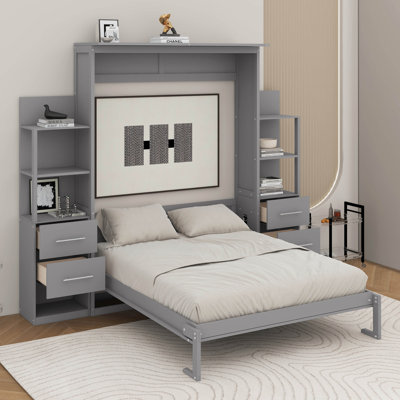 Queen Size Murphy Bed Wall Bed With Drawers,Shelves And LED
