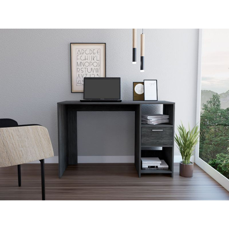 Bureau d'ordinateur avec 1 tiroir et 2 tablettes de rangement ouvertes, Gris