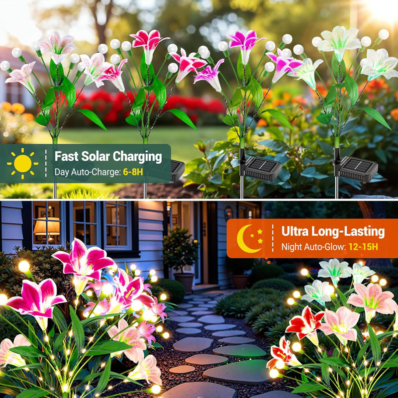 Éclairage de jardin solaire extérieur, lanterne solaire 2-en-1 améliorée avec fleur de lys et tige brillante, décoration de jardin imperméable pour pelouse de jardin, cadeaux de jardinage pour femmes