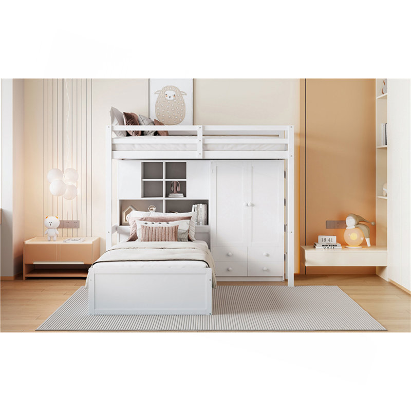 Twin Bunk Bed with Hydraulic Lift System, 6 Drawers, Blanc