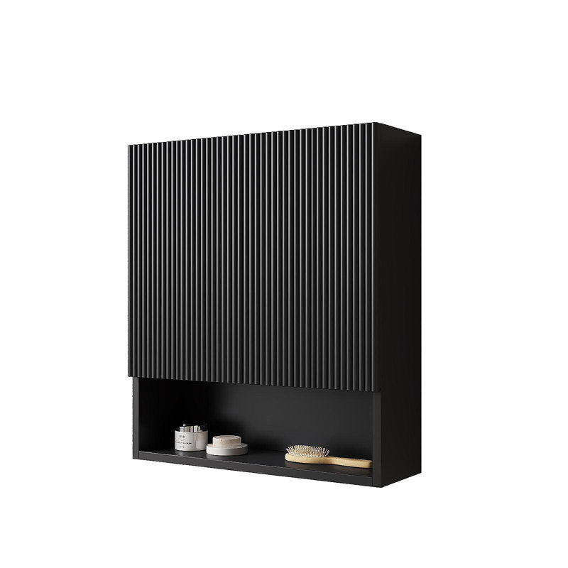 TOBI 26" Wall-Mounted Striped Bathroom Cabinet, With Doors, Shelf And Open Storage Compartment Over The Toilet Storage Cabinet For Bathroom, Kitchen, Laundry Room, Black Color