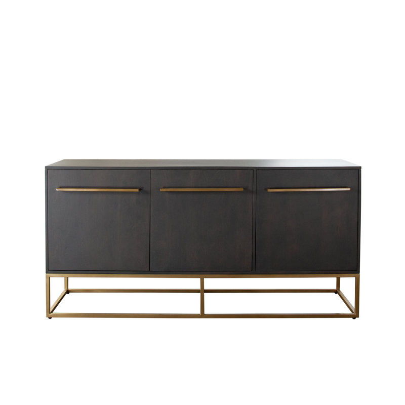 Encore Solid Mango Wood 3-Door Sideboard In Grey Oak Finish W/ Gold Metal Handle & Base