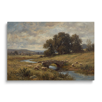 Tableau multicolore sur toile représentant un pont de pierre et des moutons dans un paysage pastoral. Décoration murale picturale pour salon, salle à manger et chambre.