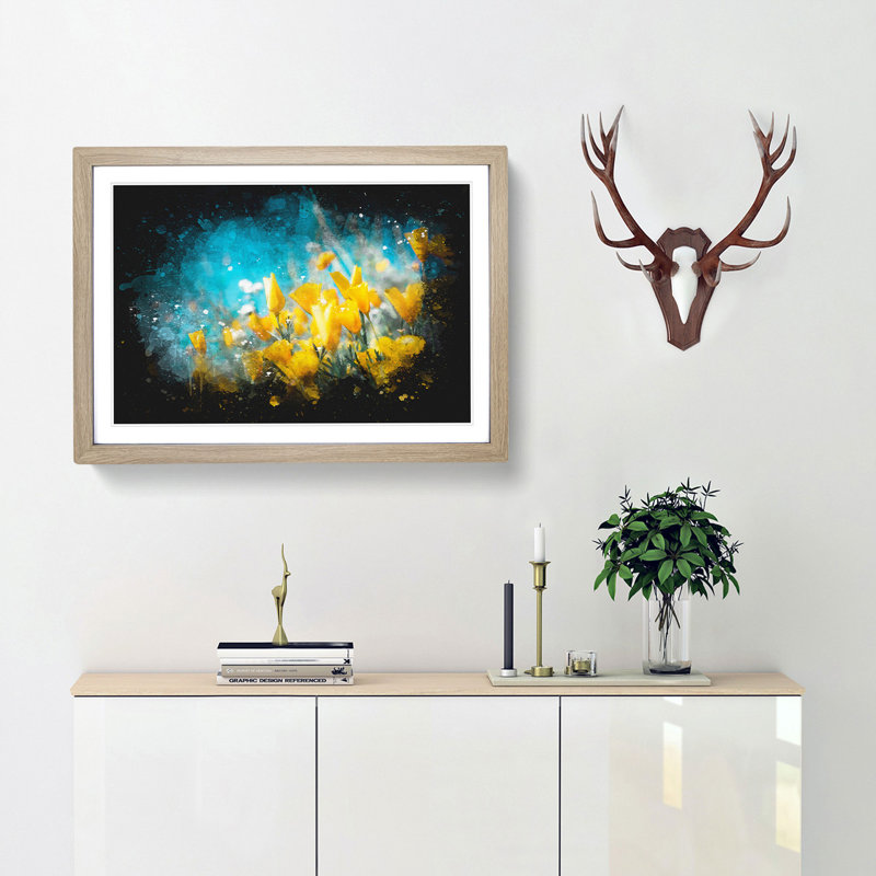 Yellow Blooming Flowers - Framed Print, 62cm H x 87cm W x 2cm D, Oak Framed