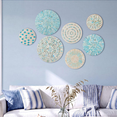 7 pieces of blue mother of pearl shell plates, coastal wall art mosaic wall carved shells, handmade hanging plates, Christmas art bedrooms, bathrooms, home offices, hotels
