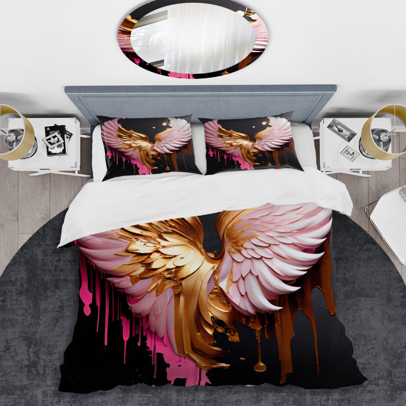 Ensemble de housse de couette rose, doré et noir Angel Wings I - Wings Angel - polyester microfibre