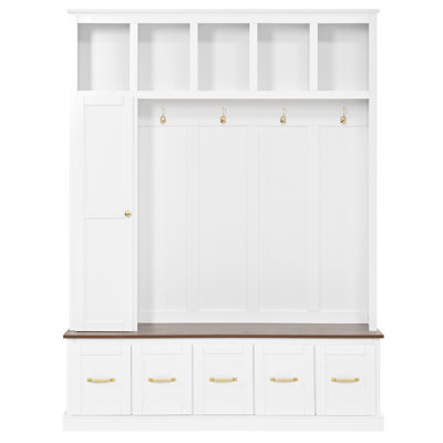 Porte-manteau d'entrée, porte-manteau blanc antique avec patères, banc à chaussures et meuble de rangement à tiroirs, mobilier de rangement tout-en-un pour entrée/vestiaire