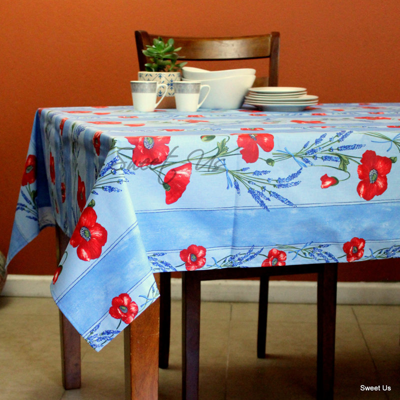 Wipeable Stain Resistant Acrylic Coated Cotton French Provencal Poppy Floral Tablecloth, 78" x 60", Light Blue