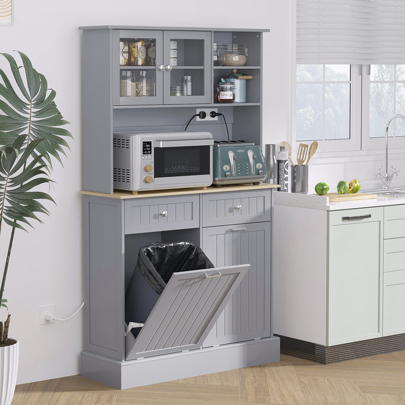 68" Kitchen Pantry Storage Cabinet, Gray. Charging Station Incorporated. Freestanding With Glass Doors And Adjustable Shelf. For Different Uses. 2 Tilt Out Trash Cabinets. Built-In Ac Outlets Ports.