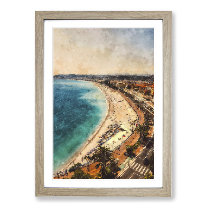 Beach View in Nice France - Picture Frame Painting, 48cm H x 36cm W x 2cm D, Oak Framed