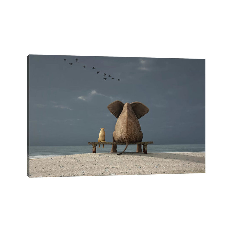 Elephant And Dog Sit On A Beach by Mike Kiev - Wrapped Canvas Print, 20.32 cm H x 30.48 cm W x 1.91 cm D