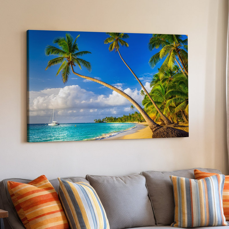 Toile, "Tranquil Tropical Beach Scene mettant en vedette de grands palmiers oscillants", art mural sur toile vert