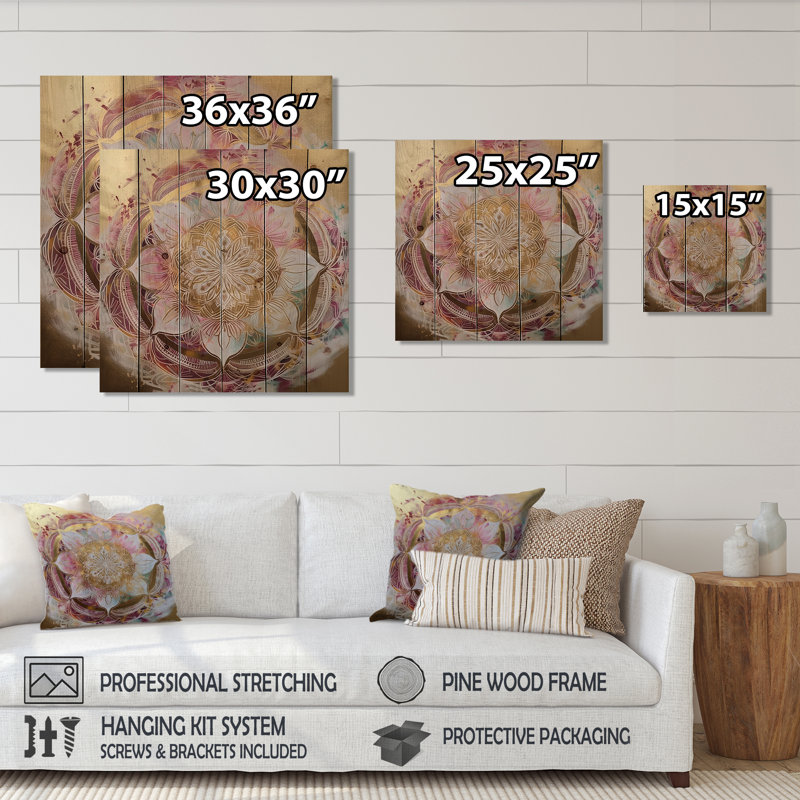 Mandala doré rose II - impression de mandala boho sur bois de pin naturel, H 30 po x l 30 po x P 0,78 po