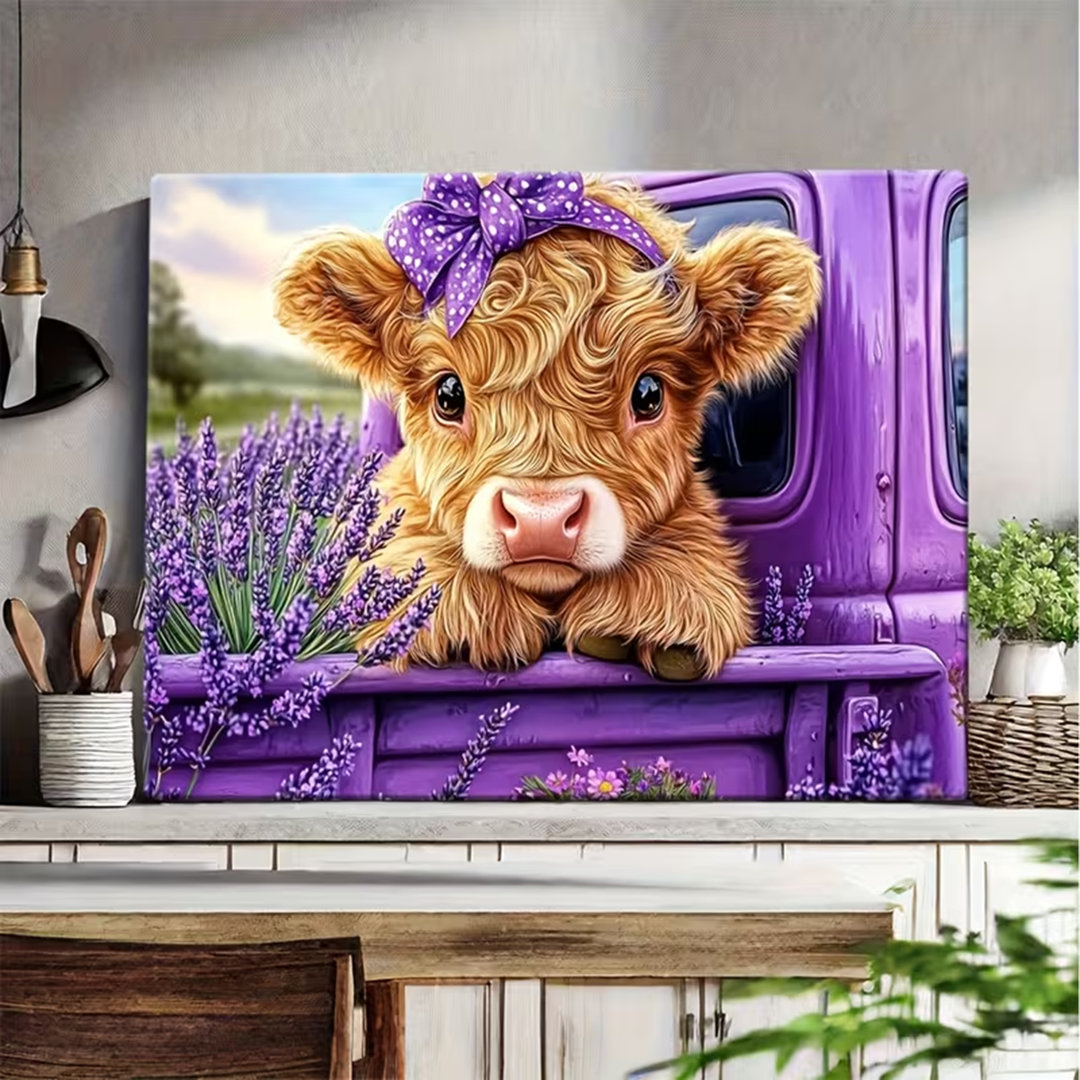 40*60,Charming Highland Cow Canvas Art With Wooden Frame – Adorable Youngsters Cow Peeking From A Lavender-Filled Vintage Truck, Vibrant Purple & Gree