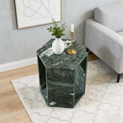 Table d'appoint luxueuse en marbre naturel vert luxueux, table de bout hexagonale de 16 cm de côté avec finition polie, socle en pierre vert diamant et table de chevet moderne pour le salon (40 cm x 32 cm)