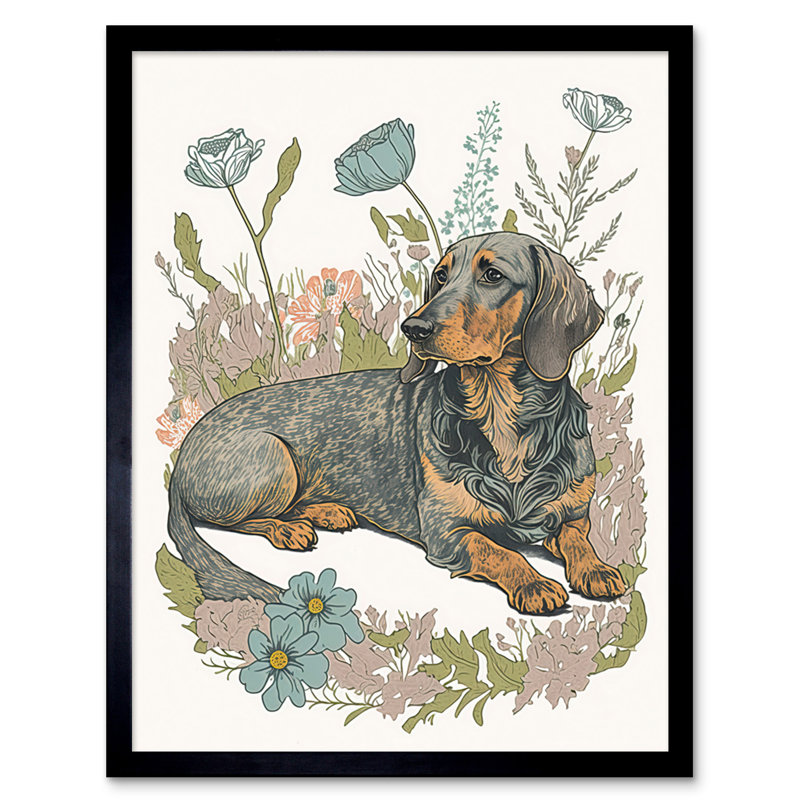 Dachshund Dog Lying in Flower Field Pastel Watercolour - Picture Frame Rectangle Print