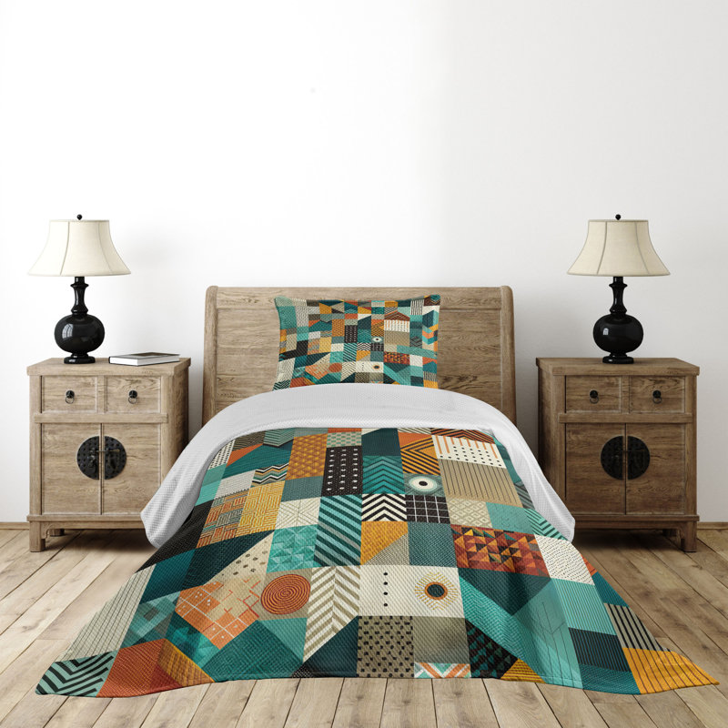 Twin Blue and Orange Geometric Patchwork Coverlet Set