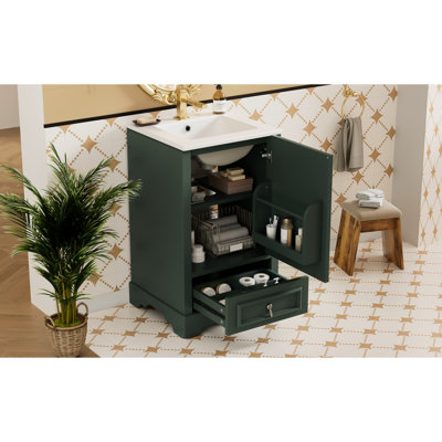 Meuble-lavabo moderne de 20 pouces avec lavabo en céramique, portes à fermeture en douceur et tiroir de compartiment dans un lavabo design, organisateur de porte, système