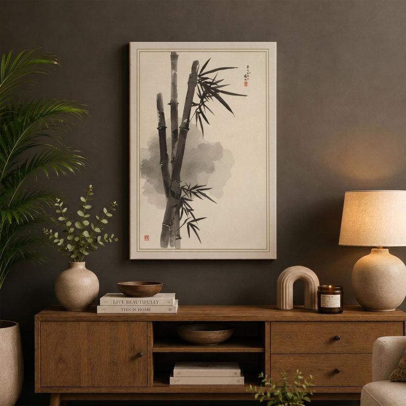 Bamboo in Mist Japandi - Wrapped Canvas, 18x12 - 45.7 x 30.5 cm, Sage Border