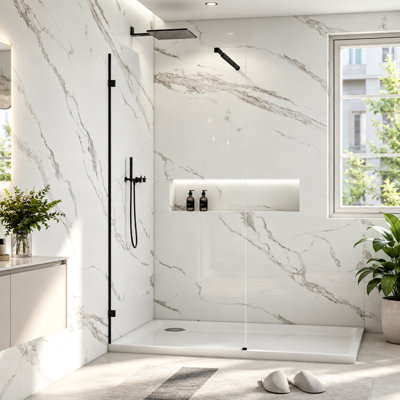 Cascada 34" W x 76" H Frameless Single Fixed Shower Glass Panel,3/8" (10 mm) Tempered Glass with Safety Film, Easy-Clean Coating & Adjustable Support Bar, Matte Black