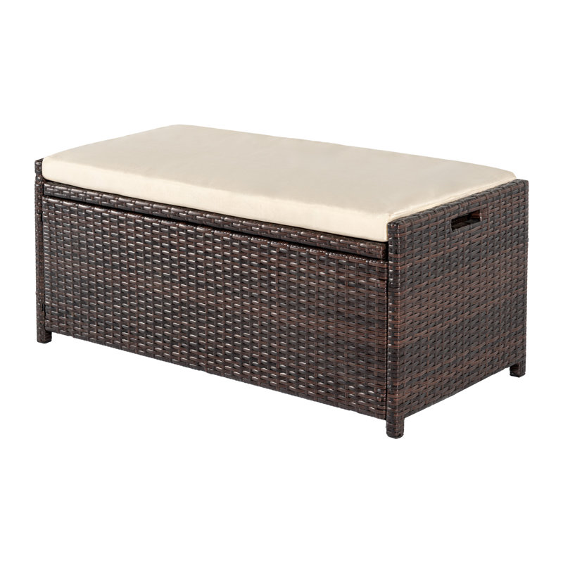 Tabatha PE Wicker Outdoor Patio Storage Bench with Cushion, Beige