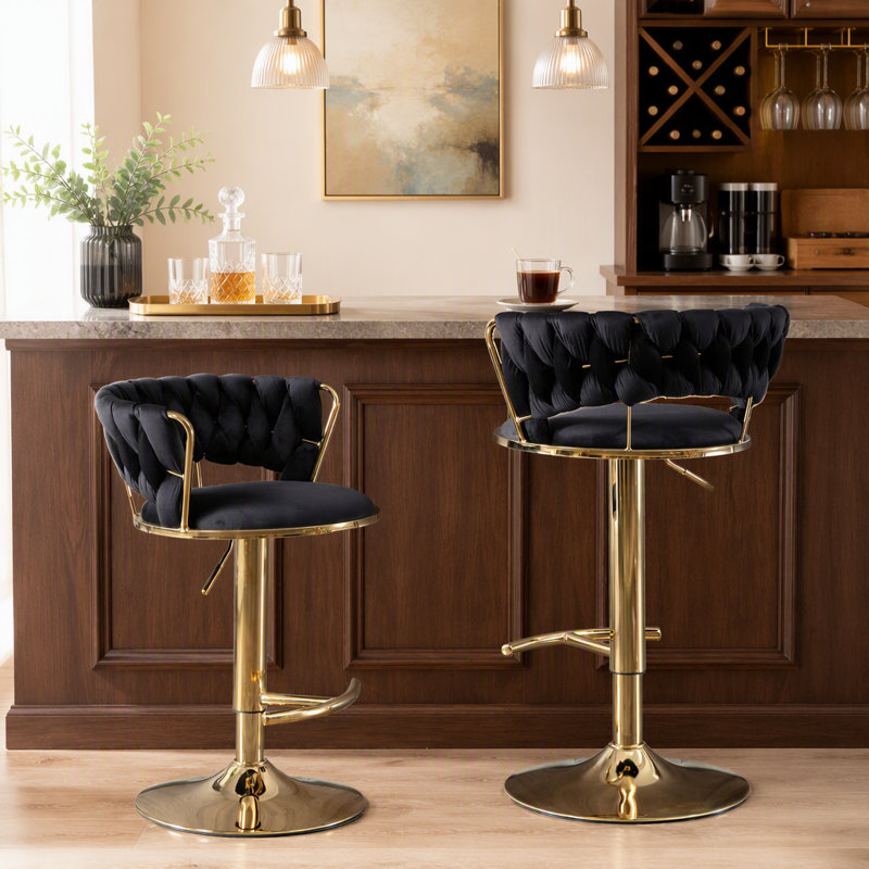 Ensemble de 2 tabourets de bar, avec repose-pieds chromé et base pivotante réglable en hauteur, Noir