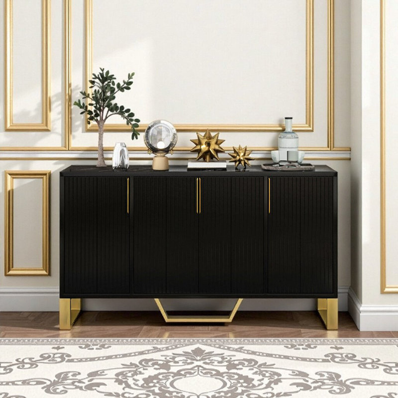 Modern Black Buffet Sideboard - 60" 4-Door Storage with Gold Metal Handles, Adjustable Shelves & Metal Legs, Black