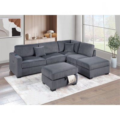 Fur-Like Corduroy Sectional Sofa Reversible Chaise Sofa W USB Storage Ottoman Upholstered Couch Pillows 3Pc Set Living Room