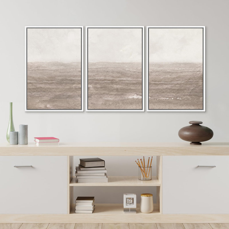 «Neutral Textured Seascapes Subtle Tones», 3 pièces, Blanc, H 24 po x l 16 po