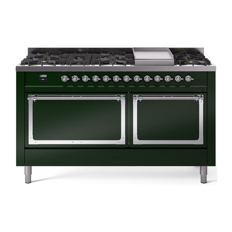 ILVE Nostalgie II Noblesse 60 po à deux brûleurs, 9 brûleurs, plaque chauffante, Vert émeraude / chrome, Gaz naturel
