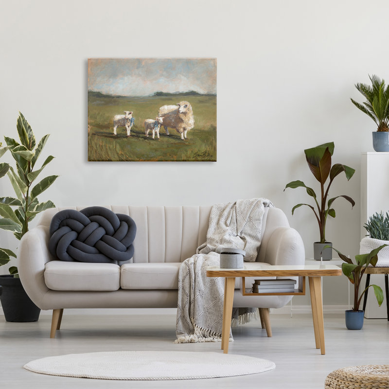 «Sheep and Lamb Family», Sara Grazing - peinture sur toile tendue, H 30 po x l 40 po x P 1,5 po