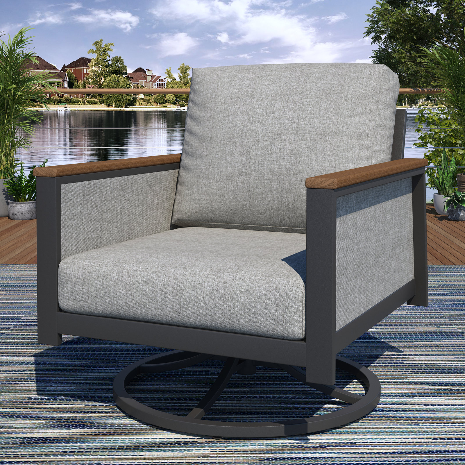 Townsend Metal Outdoor Swivel Rocking Chair with Sunbrella Cushion, Canvas Granite, Dark Gray/Brown