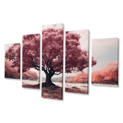 Fuchsia Autumn Tree Whispers II - Paysage, art mural, salon, 5 panneaux