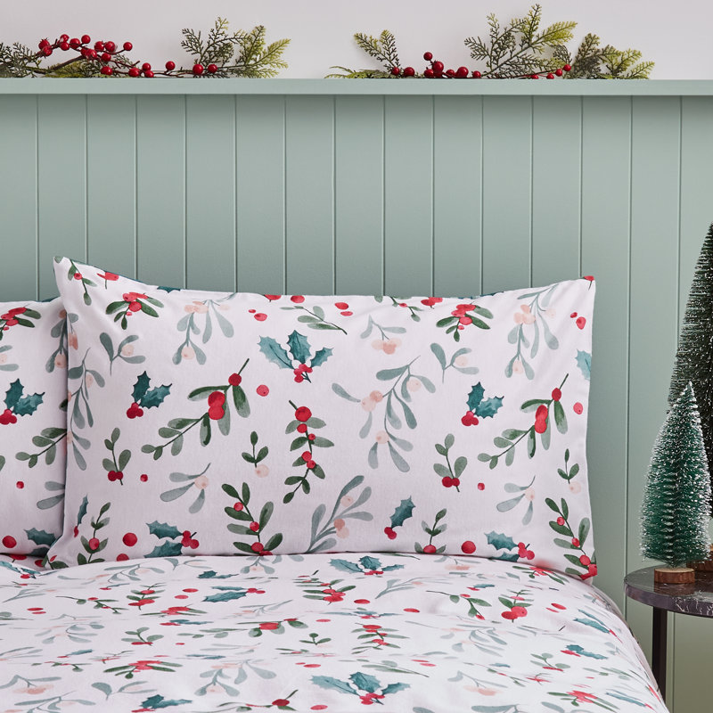 Brushed Cotton Christmas Holly and Mistletoe Duvet Cover Set, Single Duvet Cover + 1 Standard Pillowcases