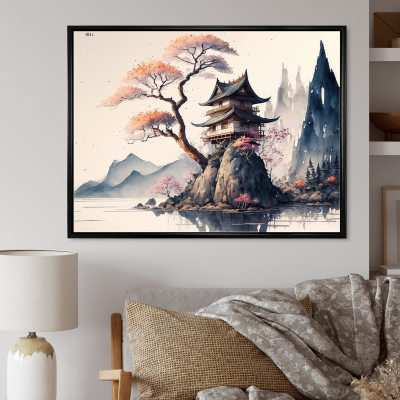 Aquarelle, paysage japonais II - art mural moderne sur toile, Cadre flottant noir, 24" H x 32" W