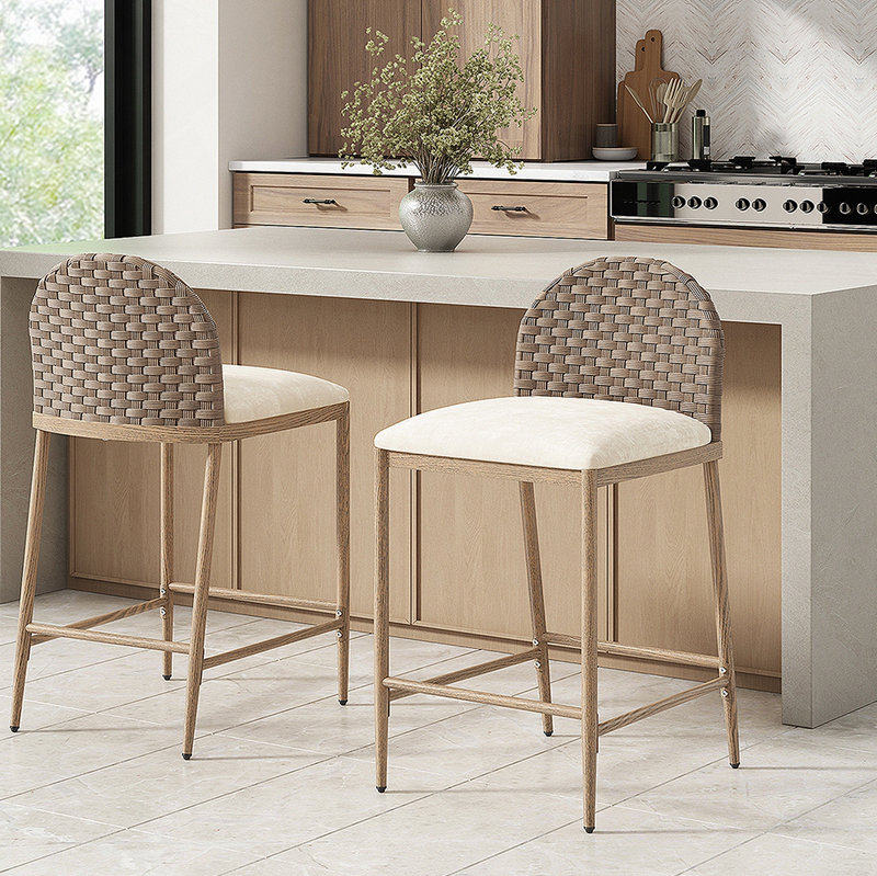 25" Farmhouse Barstools Set of 2,Upholstered  Armless Iron Counter Stools with rattan Backrest for Kitchen Dining Island Table,Brown+Beige