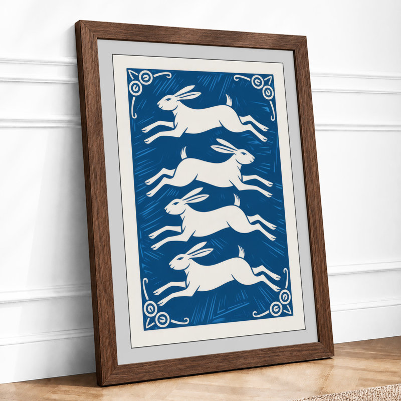 Leaping Rabbits Japandi - Framed Print, A4 - 29.7 x 21.0 cm, Walnut