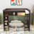 Queen Wood Loft Bed With Storage Shelves And Ladder-2112658792