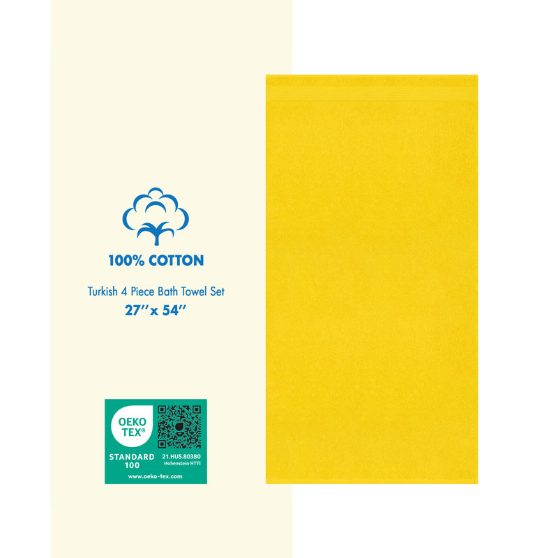 100% Cotton Turkish  4 Piece Bath Towel Set, Soft and Absorbent Bathroom Towels, Yellow