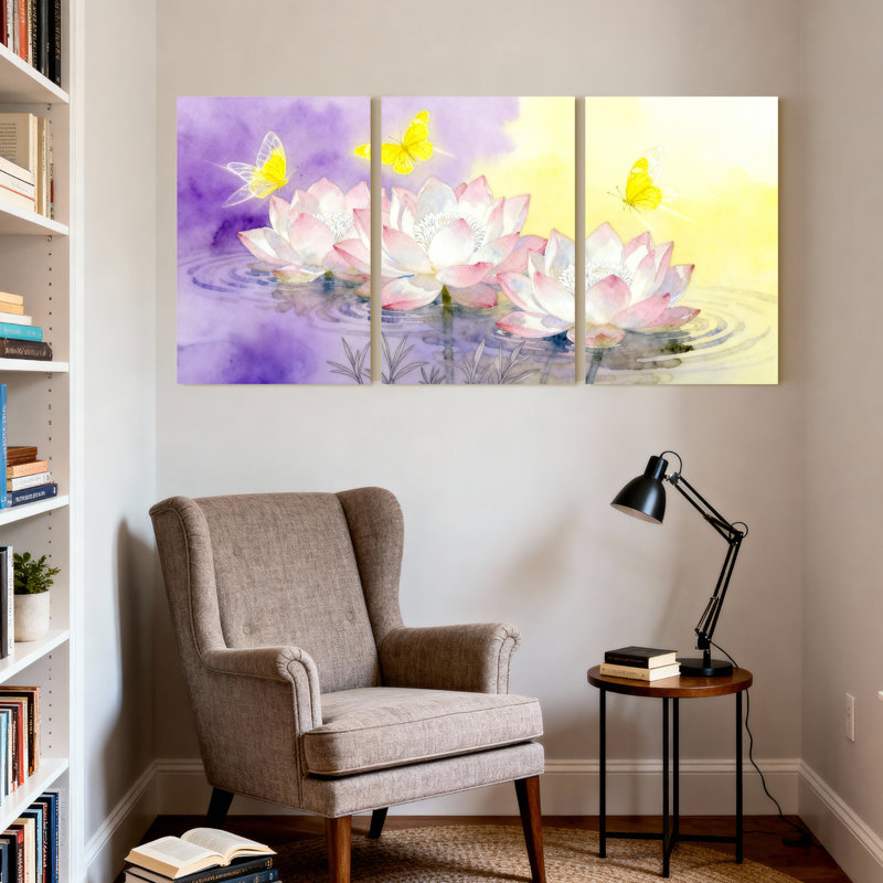 Ensemble de 3 tableaux muraux aquarelle sur toile tendue représentant des fleurs de lotus et des papillons, H 30 po x l 60 po