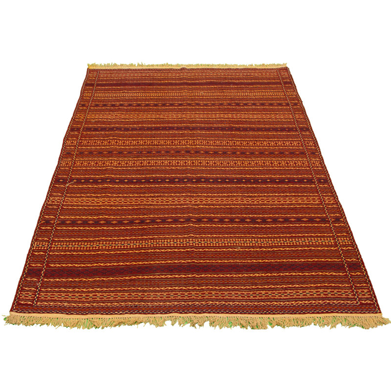 Tapis rouge foncé / jaune en laine fabriqué à la main Kilim