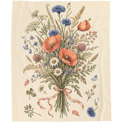 Jeté Wildflower Bouquet - couverture en velours de velours de coton et ruban ivoire Vintage Cottage Decor, 40 x 50 po