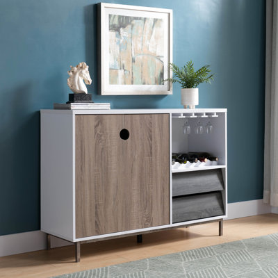 Cabinet With Drawer For Wine Collection, Wooden Display Rack, White & Dark Taupe Distressed Grey And Space Glasses Bottles