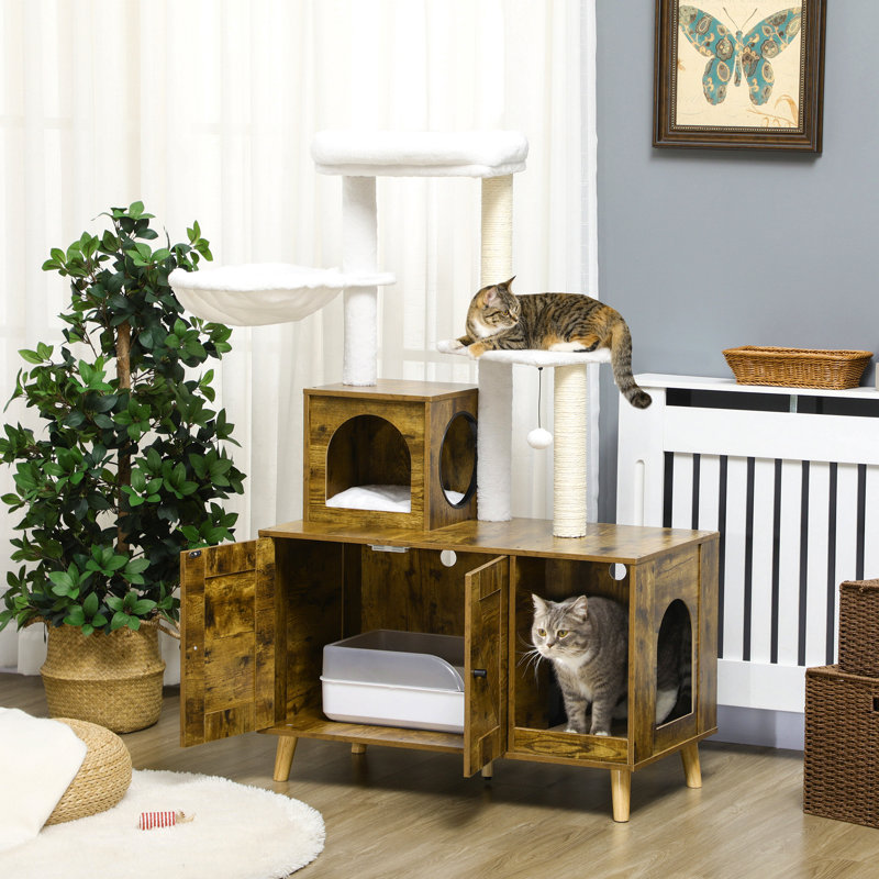 Pawhut Cat Tree With Litter Box Enclosure,  2-In-1 Cat Tower Litter Box Furniture Indoor, Cat Condo With Hammock, Scratching Posts Pad, Rustic Brown