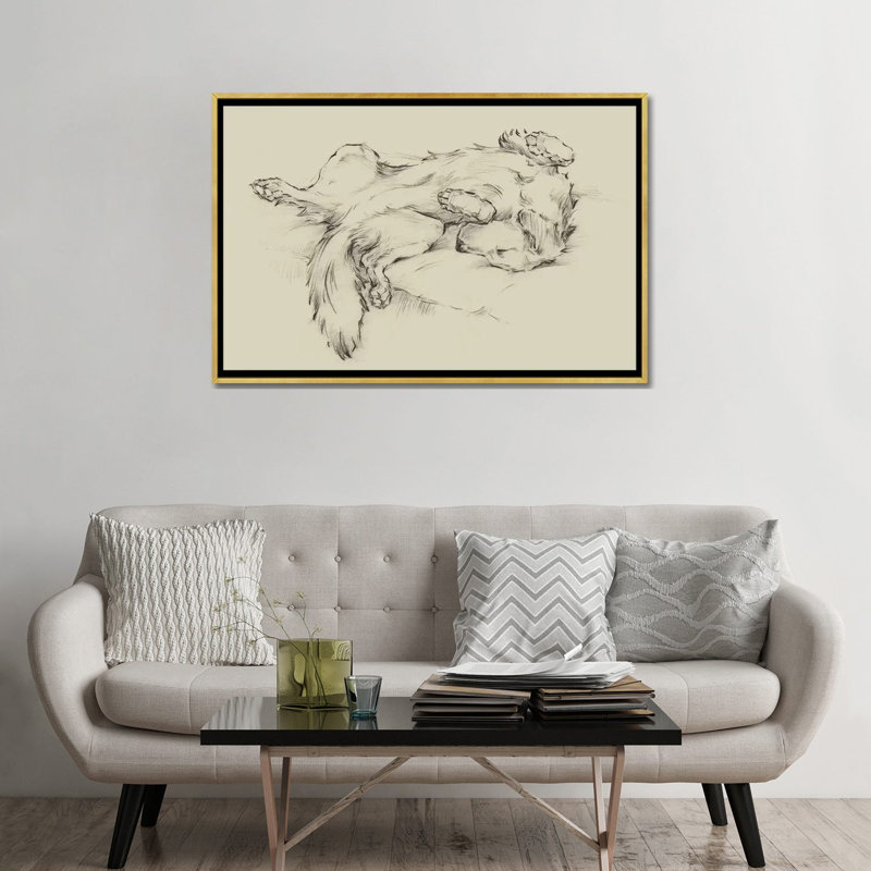 «Dog Tired II» par Ethan Harper - reproduction d'art, H 32 po x l 48 po x 1,5 po, Toile encadrée d'or, Pas de tapis