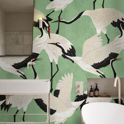 Green Herons Chinoiserie Wallpaper White