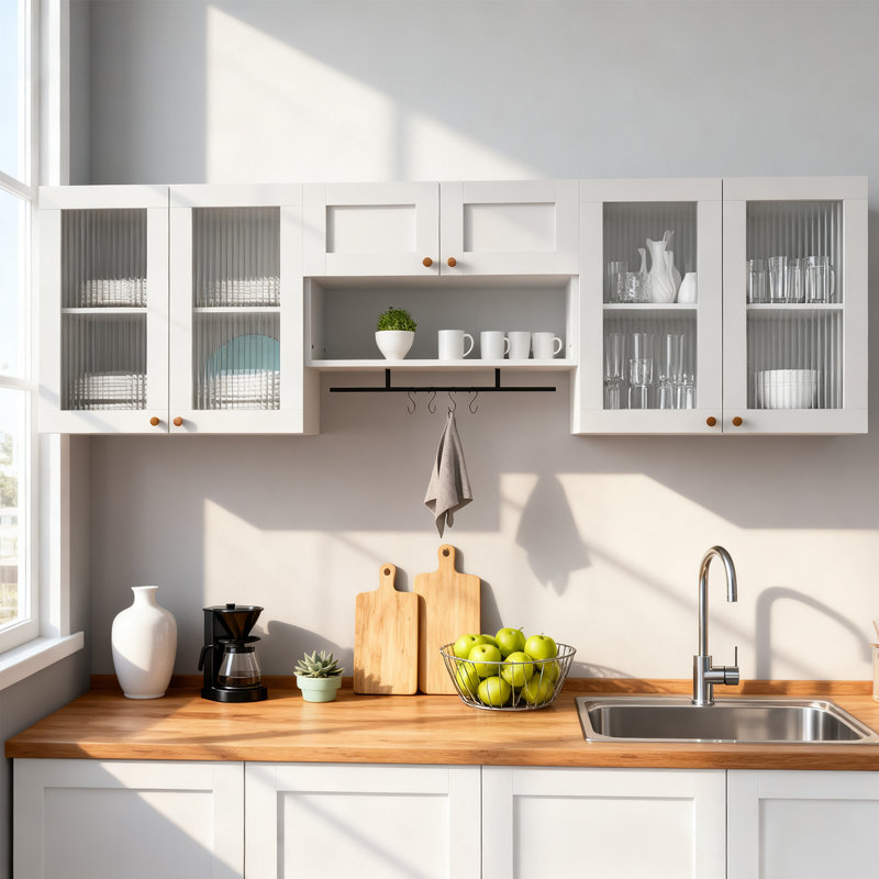 Ensemble d'armoires murales avec portes en verre, tringle et tablettes réglables pour la lessive, la salle de bain ou la cuisine